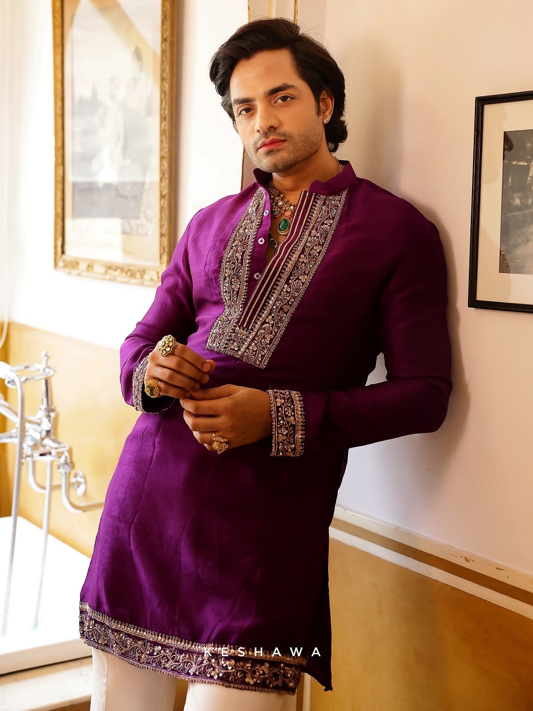 Purple Beige Embroidered Kurta for Men
